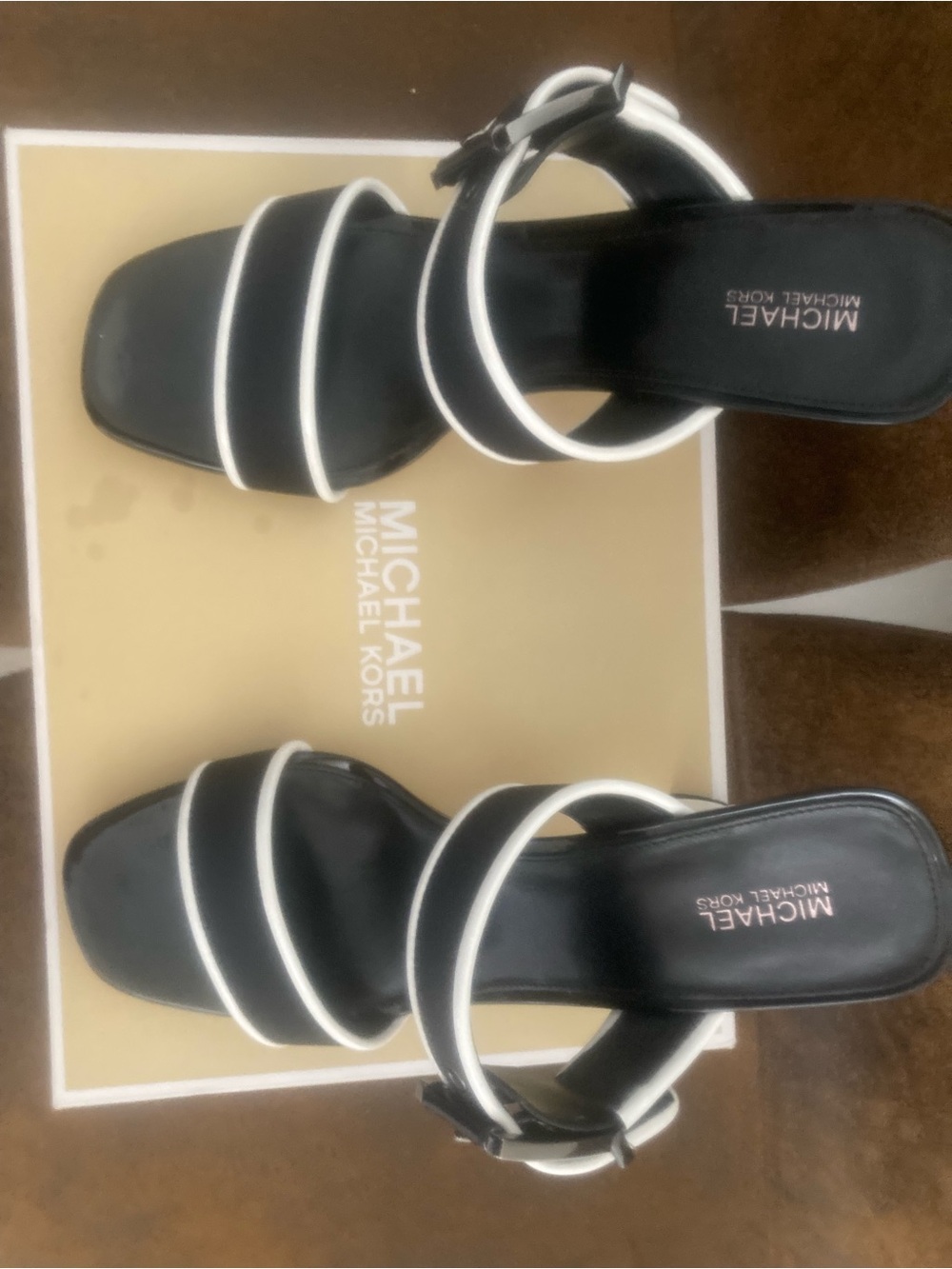 Michael Kors Black Colby Neoprene Heeled Sandal Slides with White Piping